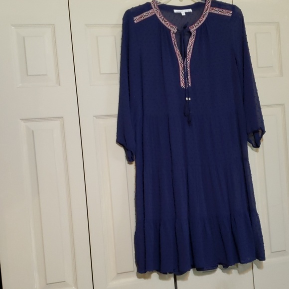 Navy blue dotted swiss knee length bohemian style - Picture 2 of 3